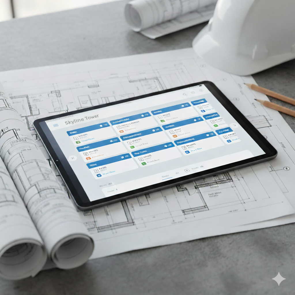Door tracking app interface on tablet with architectural blueprints
